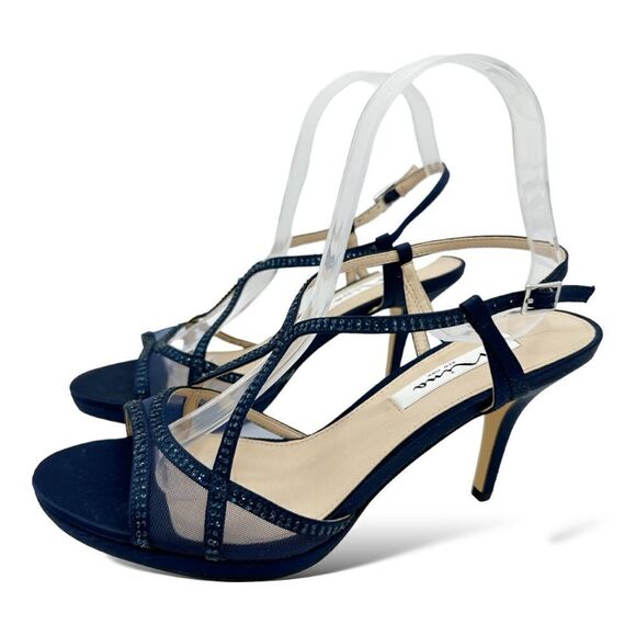 Nina Navy Blue Satin Blossom Slingback Crystal Open Toe Evening Sandal Prom 8.5 - Picture 14 of 14